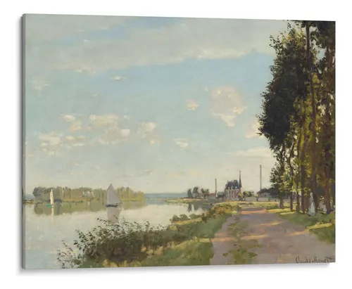 Pintura impresionista de veleros en un río tranquilo junto a un camino bordeado de árboles