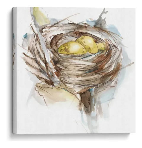 Watercolor painting of a bird's nest with three ochre eggs surrounded by twigs and straw