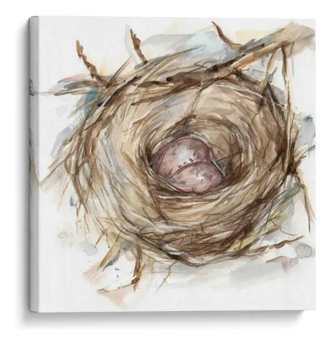 Watercolor painting of a bird's nest with two eggs in warm brown tones with hints of pale blue