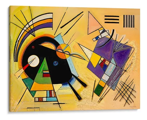 Geometric abstract painting with a black circle, violet angular shapes, and ochre and yellow background