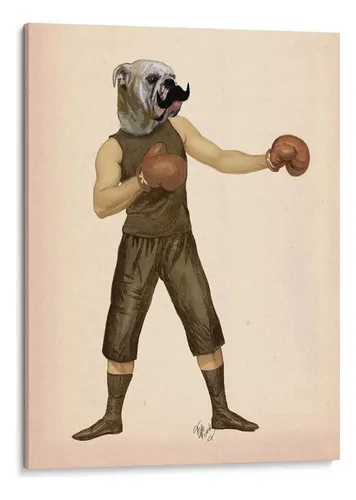 Ilustración surrealista de un bulldog con cuerpo de boxeador en pose de combate