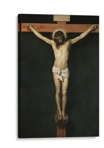 Pintura clásica de la crucifixión de Cristo con detalle contenido y solemne