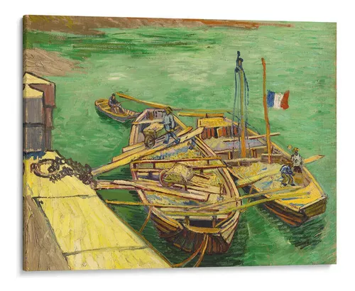 Post-impressionist painting of men unloading sand barges at a dock with green water and bold brushstrokes