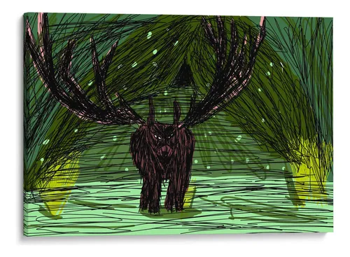 Arte digital de una figura mística con astas emergiendo de un bosque verde luminoso