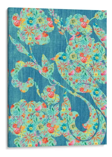 Bird silhouette composed of colorful flower petals in red, orange, and yellow on a blue textured background