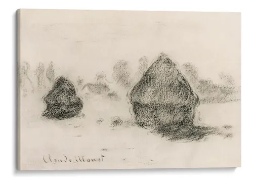 Impressionist painting of grainstacks in a field in soft grey and brown tones by Claude Monet