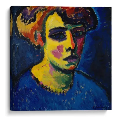 Retrato expresionista del rostro de una mujer en tonos amarillo, azul y púrpura intensos