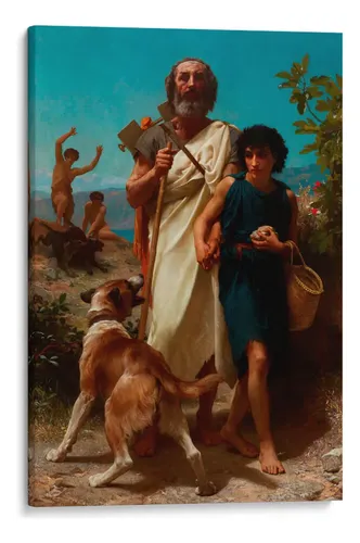 Painting of an elderly bearded man with a staff walking beside a young guide in an arid landscape