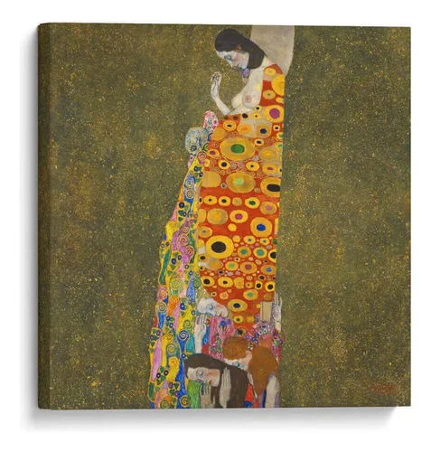Gustav Klimt style painting of a robed figure in gold ornamental patterns bowing over smaller figures