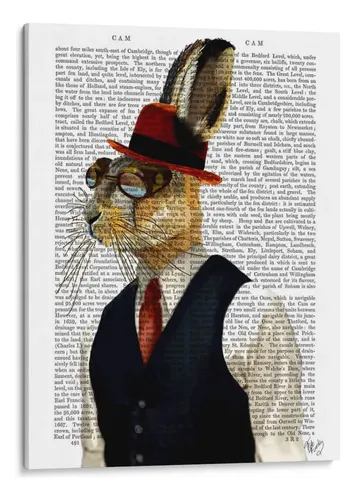 Illustration of an anthropomorphic hare in a vest and wide-brimmed hat against an aged newsprint background