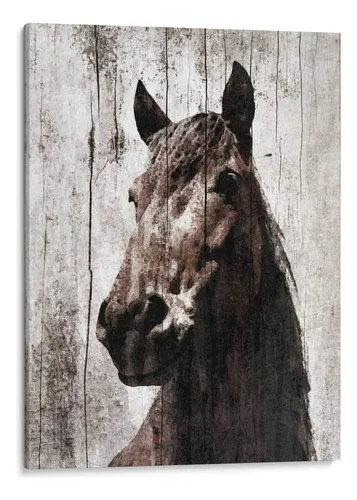 Close-up painting of a horse's face in brown and grey tones against a weathered wood-like background