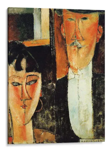Retrato doble al estilo de Modigliani de un marido y una mujer con rostros alargados y tonos terrosos cálidos