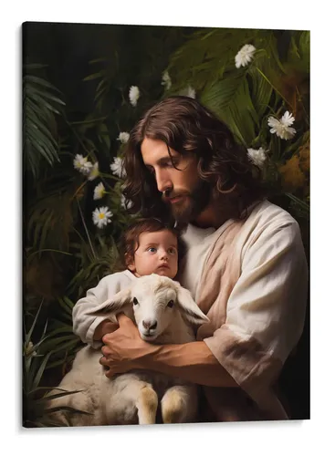 Jesús sosteniendo un cordero rodeado de follaje verde y flores blancas