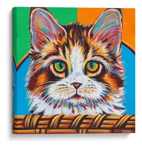 Kitten peering out of a woven basket with expressive brushstrokes in green and orange tones