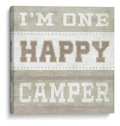 Cartel rústico de veta de madera con el mensaje I'm One Happy Camper en tonos verdes y blancos