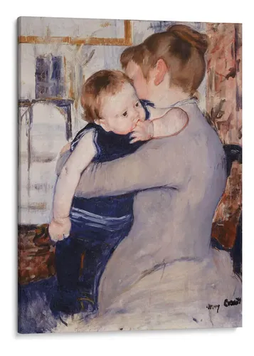 Pintura de estilo impresionista de una madre acunando a su bebé en tonos suaves de azul y marrón