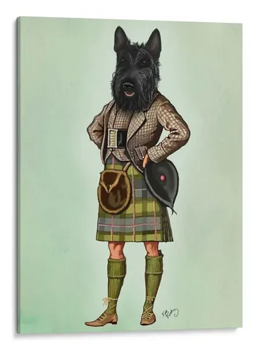Illustrated Scottish Terrier wearing a traditional kilt and tweed jacket