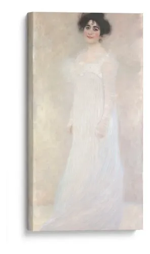 Retrato de Gustav Klimt de una mujer con vestido blanco vaporoso sobre fondo pastel, impreso en canvas
