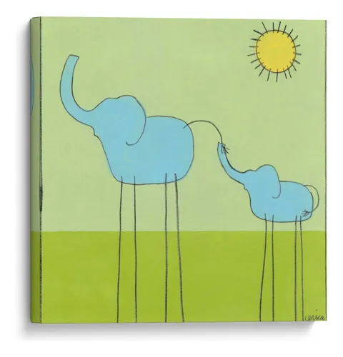 Illustration of two stylized blue elephants on thin legs over a green meadow with a sun