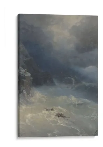 Romanticist seascape painting of a violent storm with crashing waves and a small boat