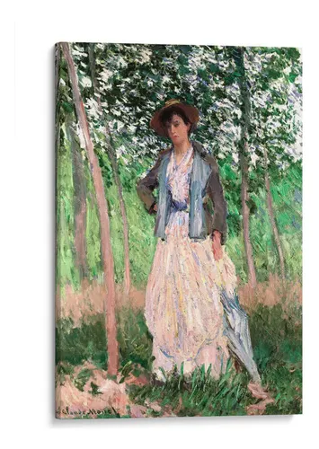 Pintura impresionista de una mujer con sombrilla de pie en un bosque soleado de Claude Monet