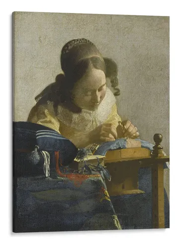Classic painting of a young woman intently making lace with her hands, warm earthy tones