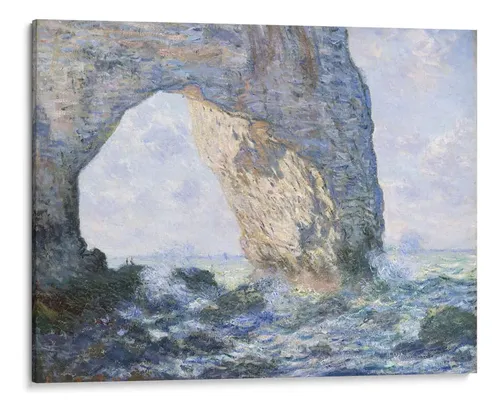 Pintura impresionista de un arco rocoso en la costa de Normandía con olas rompiendo