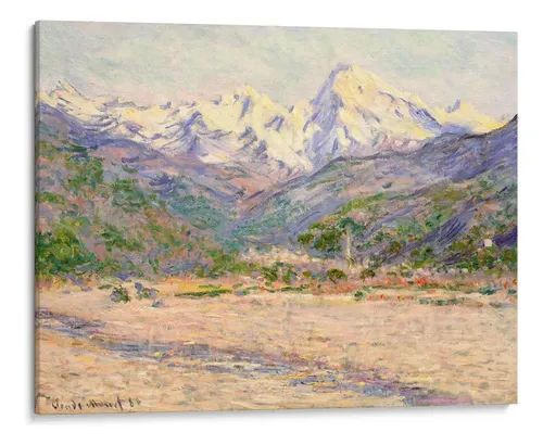 Monet impressionist painting of a sunlit alpine valley with snow-capped mountains and a small village