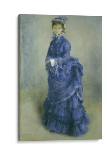 Retrato impresionista de una mujer con un vestido azul voluminoso y cuello y puños blancos