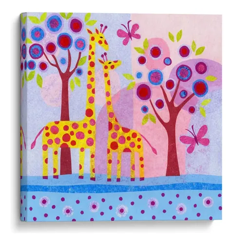 Two polka-dot giraffes beside stylized trees with colorful circular leaves on a pastel gradient background