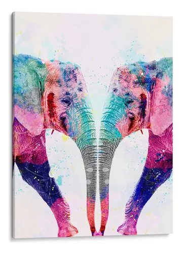 Dos cabezas de elefante enfrentadas en estilo de arte contemporáneo con azul, rosa y verde