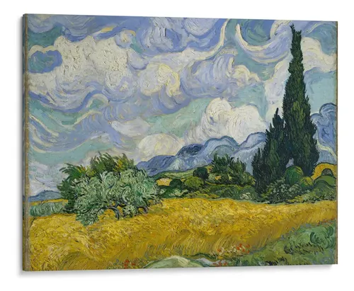 Post-impressionist painting of a golden wheat field with dark cypress trees under a swirling blue sky