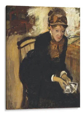Retrato impresionista de una mujer sentada sosteniendo tarjetas en tonos cálidos y terrosos con acentos negros y dorados