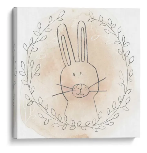 Hand-drawn sketch of a rabbit inside a wreath of leaves in soft beige and peach tones